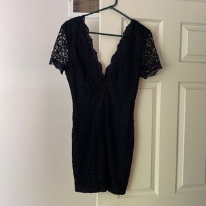 Black low cut mini dress, lace